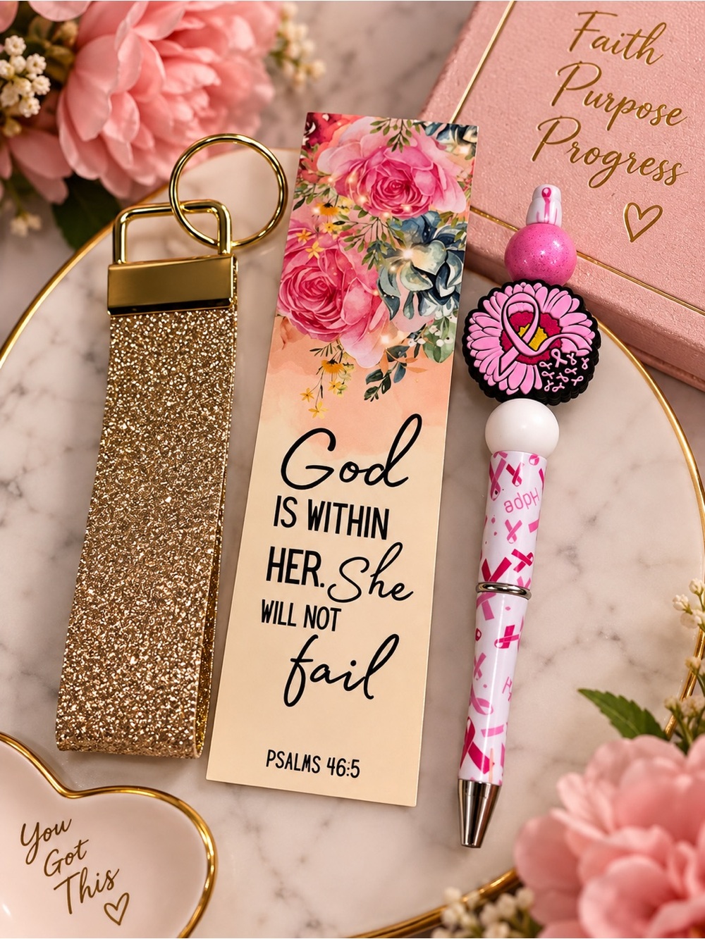 Glitter Gold Wrist Keychain with Pink Floral Bookmark & Pink Ribbon Pen